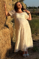 Ivory Smocked Puff Sleeve Maternity Maxi Dress