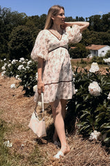 Cream Floral Deep V-Neck Back Cutout Maternity Dress