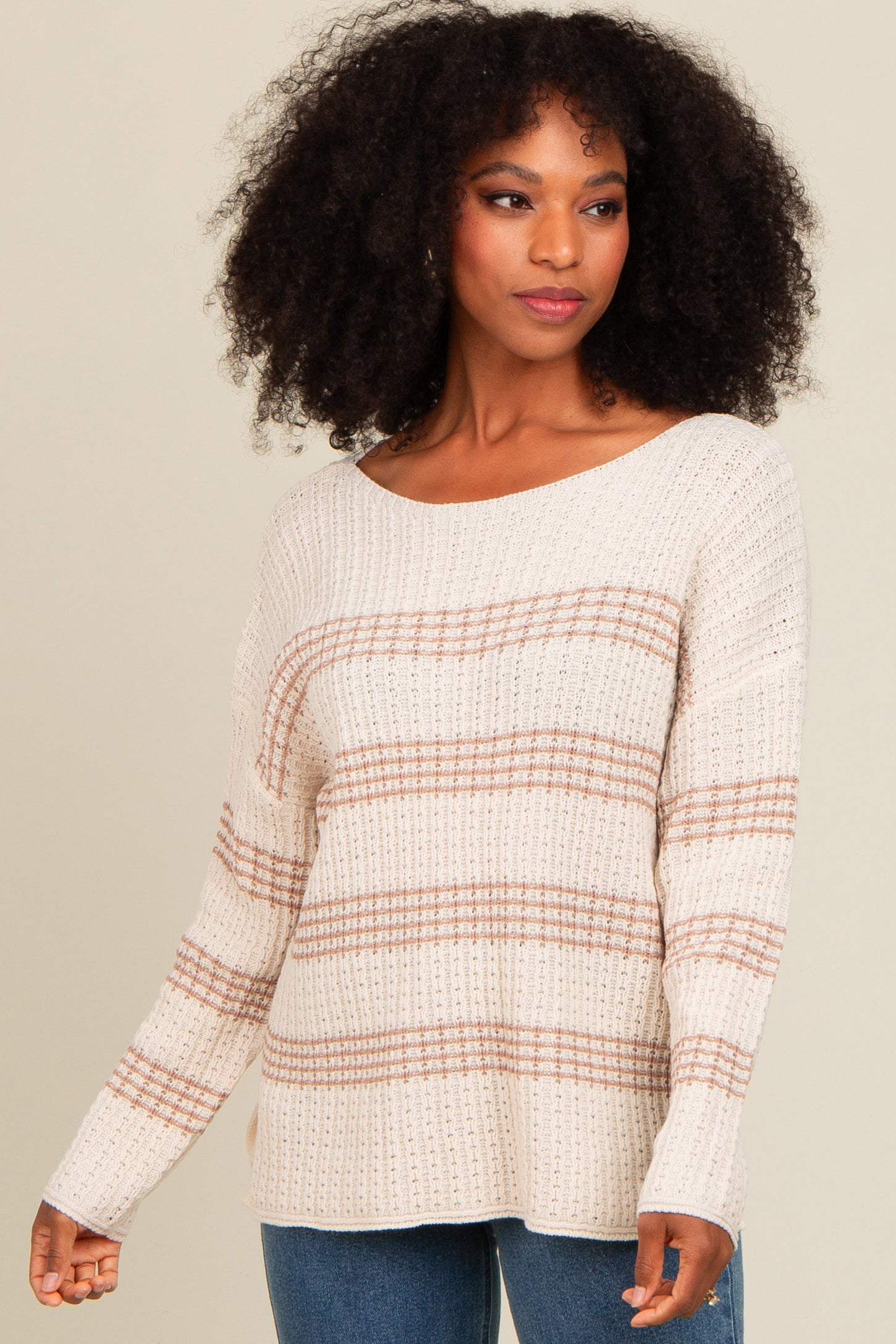 Beige Striped Waffle Knit Maternity Sweater