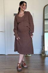 Mocha Linen Cropped Shirt Midi Dress Maternity Set