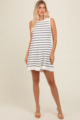 Ivory Striped Knit Pleated A-Line Mini Dress