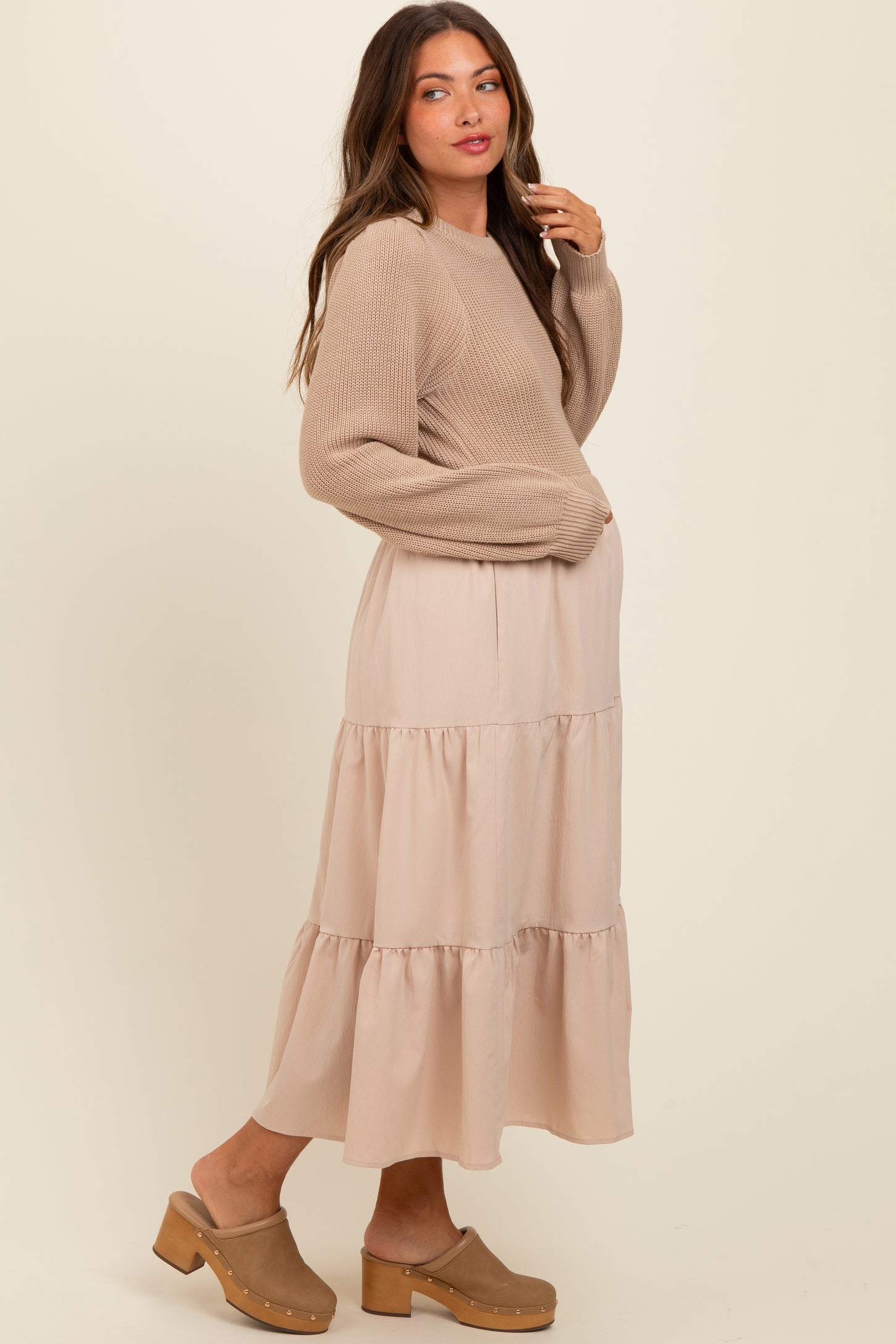 Beige Sweater Top Tiered Maternity Midi Dress