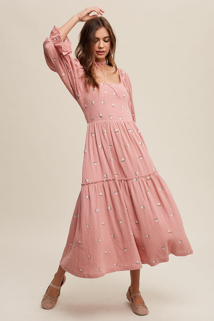 Deep Rose Ditzy Floral Embroidery Puff Sleeve Maxi Dress