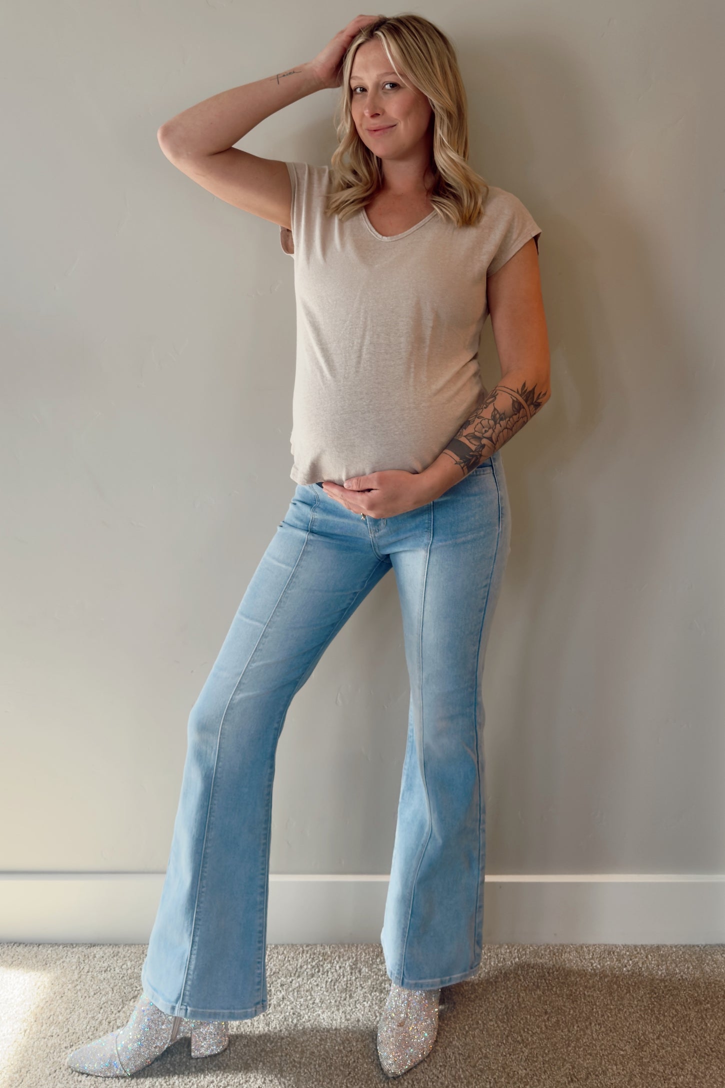Light Blue Middle Seam Kick Flare Maternity Jeans