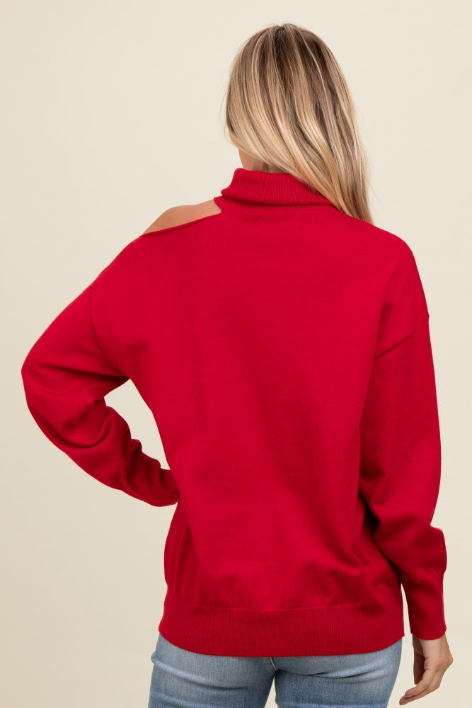 Red Cold Shoulder Turtle Neck Sweater