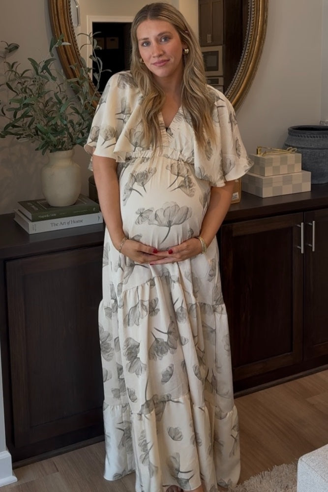 Cream Floral Deep V-Neck Maternity Maxi Dress