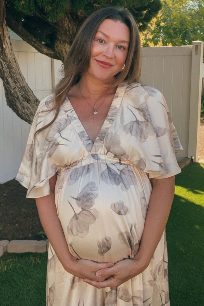 Cream Floral Deep V-Neck Maternity Maxi Dress