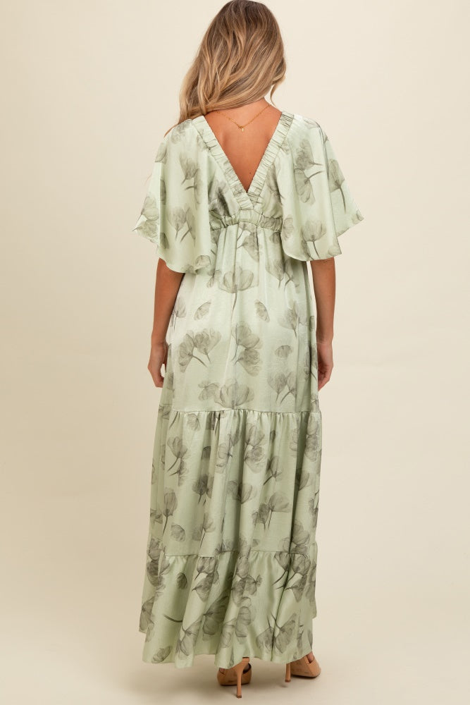 light green floral ruffle v neck maxi dress Light Olive Floral Deep V-Neck Maternity Maxi Dress
