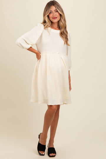 Cream Knit Ruffle Trim Maternity Dress