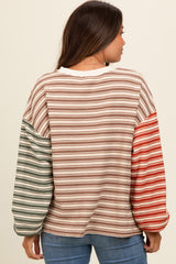 Brown Striped Colorblock Bubble Sleeve Maternity Top