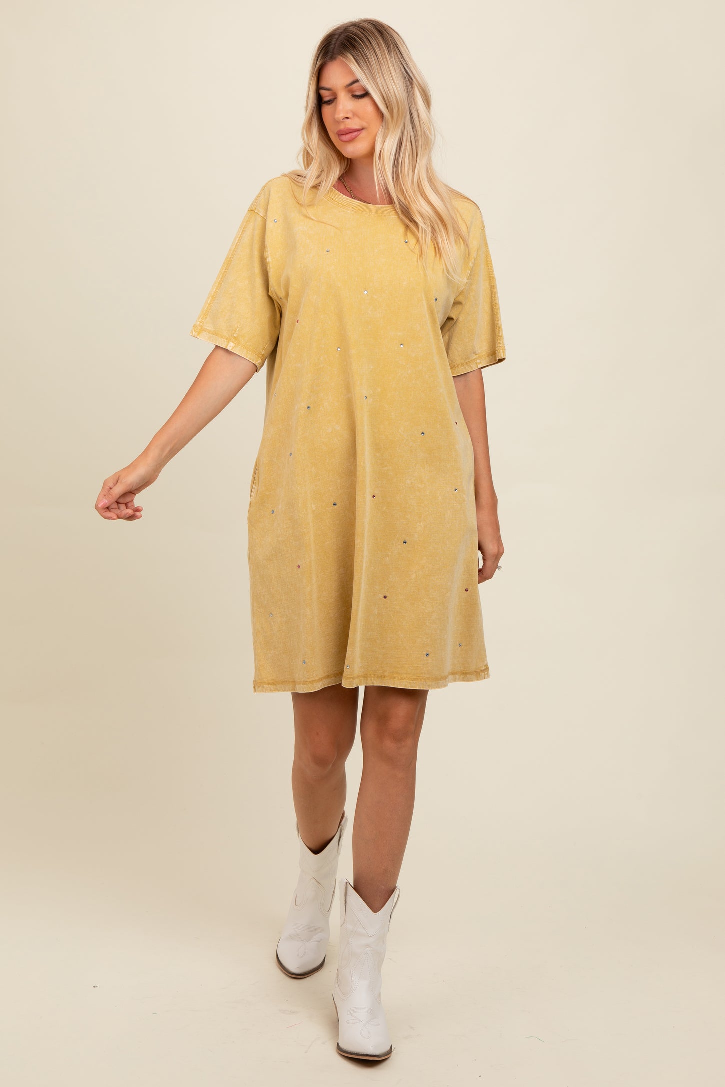 Yellow Rhinestone Mineral Washed T-Shirt Dress