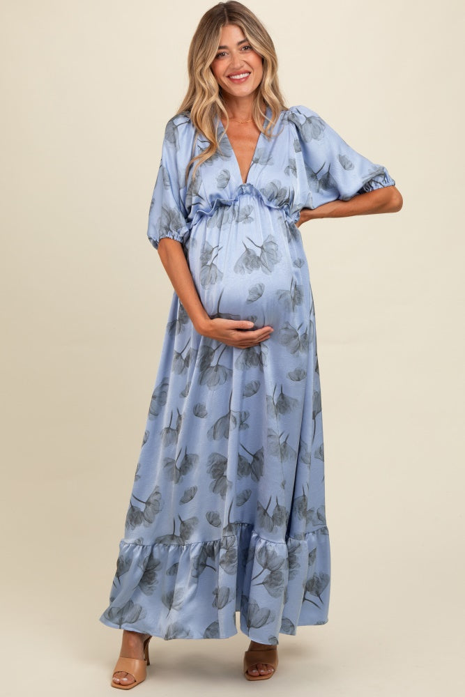 Blue Floral Chiffon Ruffle Accent Maternity Maxi Dress PinkBlush Blue Floral Chiffon Ruffle Accent Maternity Maxi Dress PinkBlush