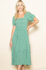 Green Floral Smocked Ruffle Hem Midi Dress