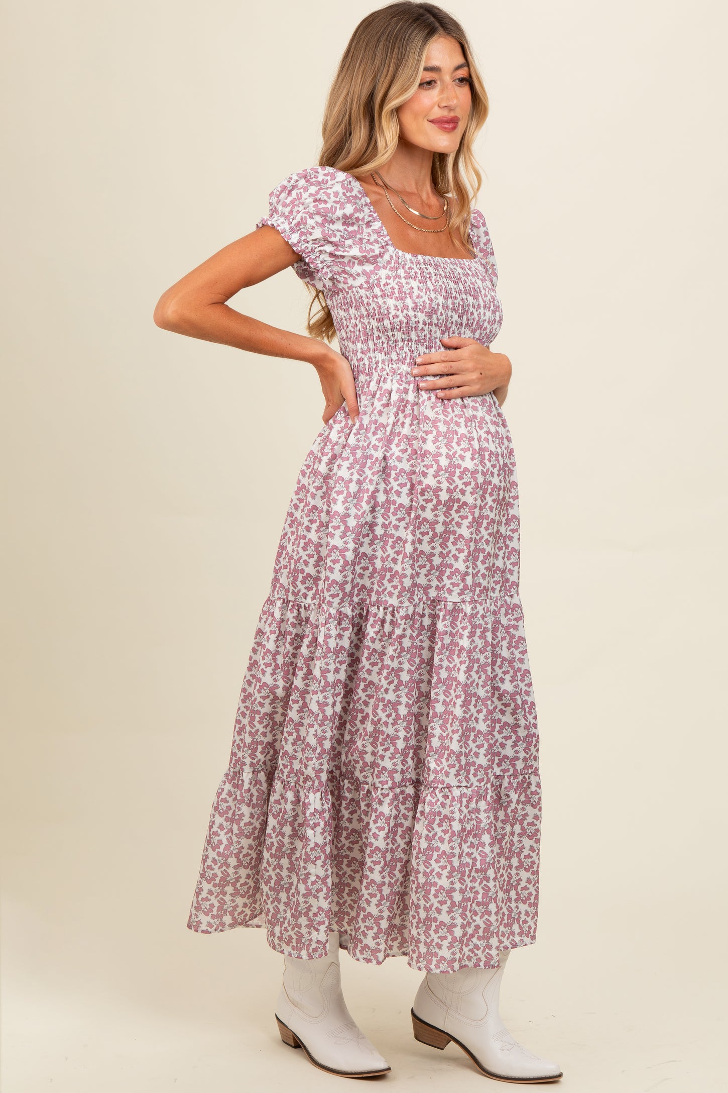 Mauve Floral Puff Sleeve Smocked Maternity Maxi Dress