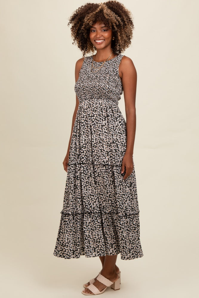 Black Floral Sleeveless Ruffle Tiered Maxi Dress