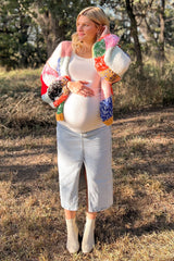 Light Blue Distressed Front Slit Maternity Midi Skirt