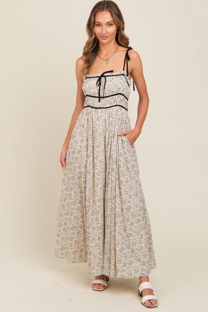 Cream Floral Contrast Ribbon Trim Maternity Maxi Dress