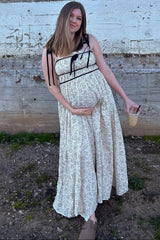 Cream Floral Contrast Ribbon Trim Maternity Maxi Dress