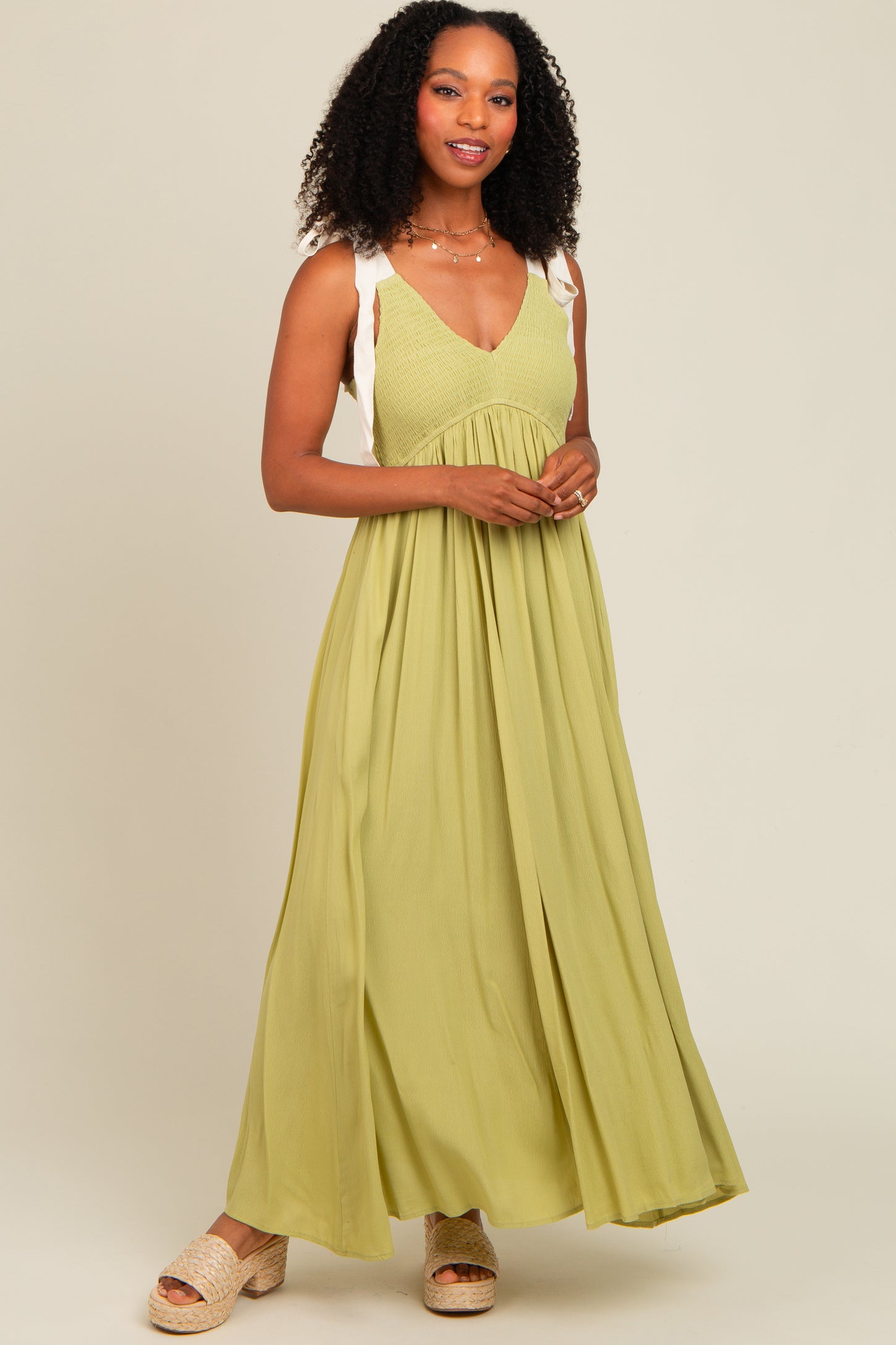 Lime Contrast Shoulder Tie Smocked Maxi Dress