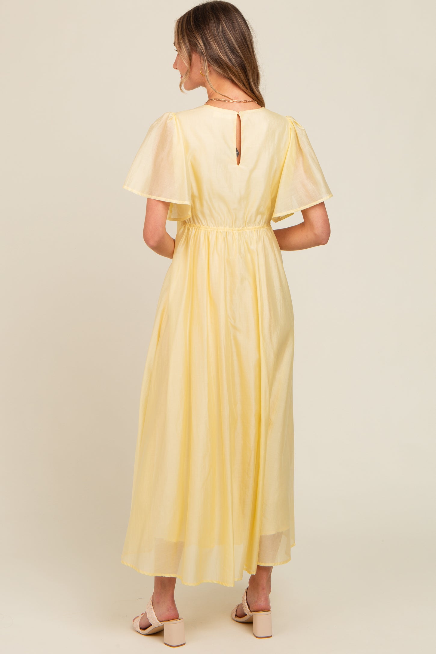 Yellow V-Neck Flutter Sleeve Maxi Dress