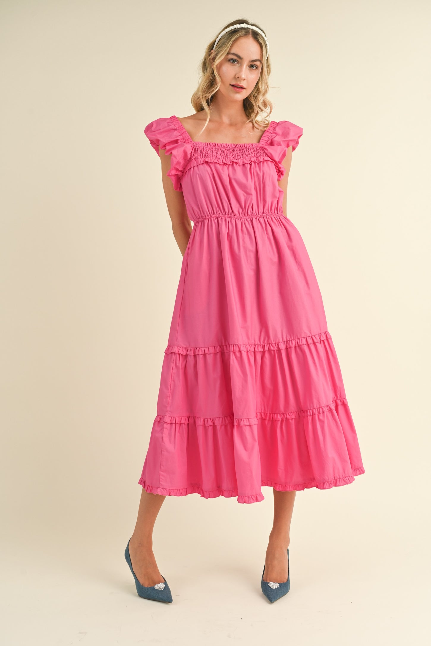 Pink Bubble Sleeve Tiered Ruffle Midi Dress