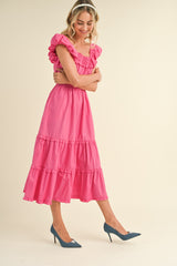 Pink Bubble Sleeve Tiered Ruffle Midi Dress