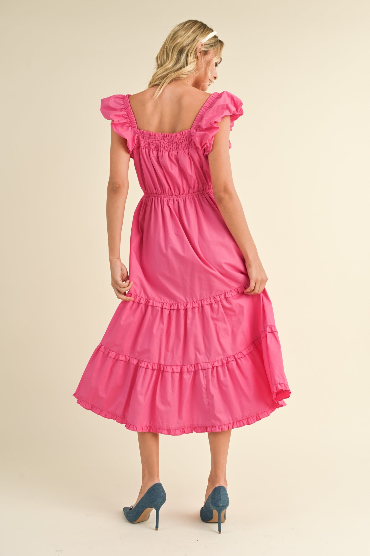 Pink Bubble Sleeve Tiered Ruffle Midi Dress