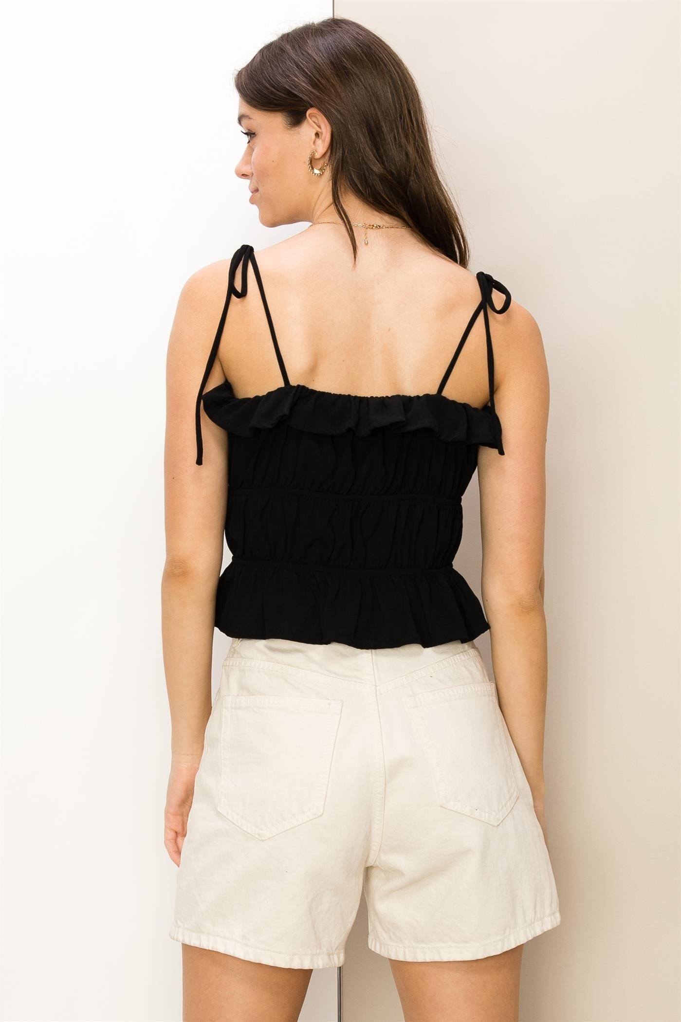 Black Tie-Shoulder Peplum Top