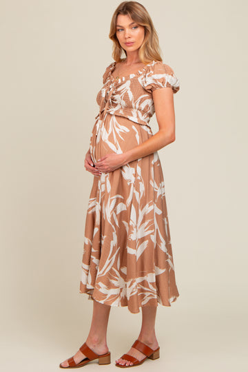 Camel Leaf Print Off Shoulder Smocked Maternity Midi Dress