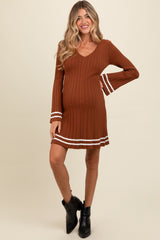 Mocha V-Neck Pleated Maternity Knit Dress
