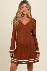 Mocha V-Neck Pleated Maternity Knit Dress