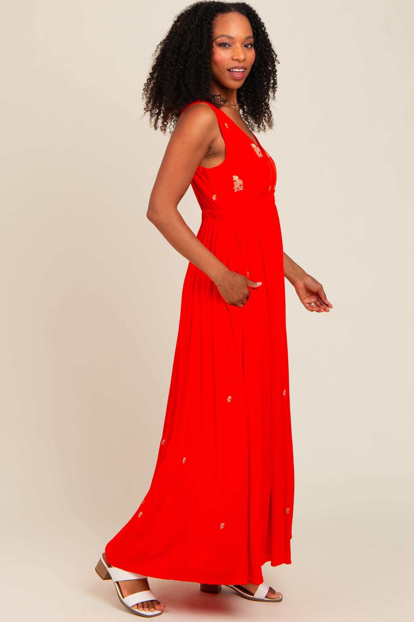 Coral Floral Embroidered Sleeveless Maxi Dress