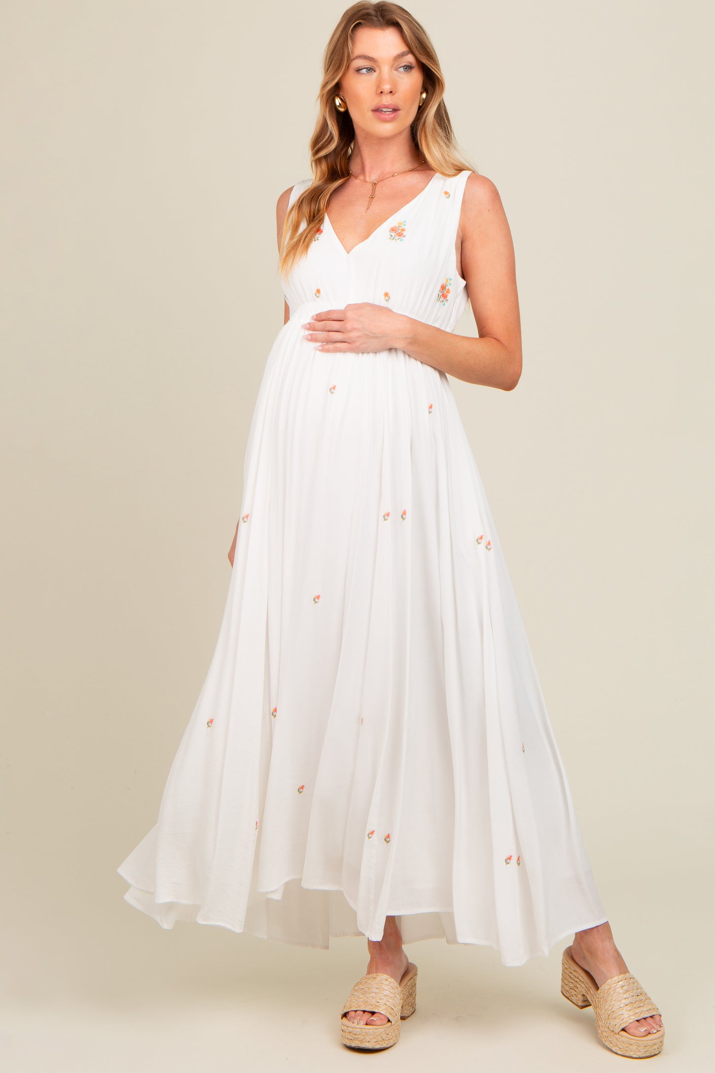 White Floral Embroidered Sleeveless Maternity Maxi Dress PinkBlush White Floral Embroidered Sleeveless Maternity Maxi Dress PinkBlush