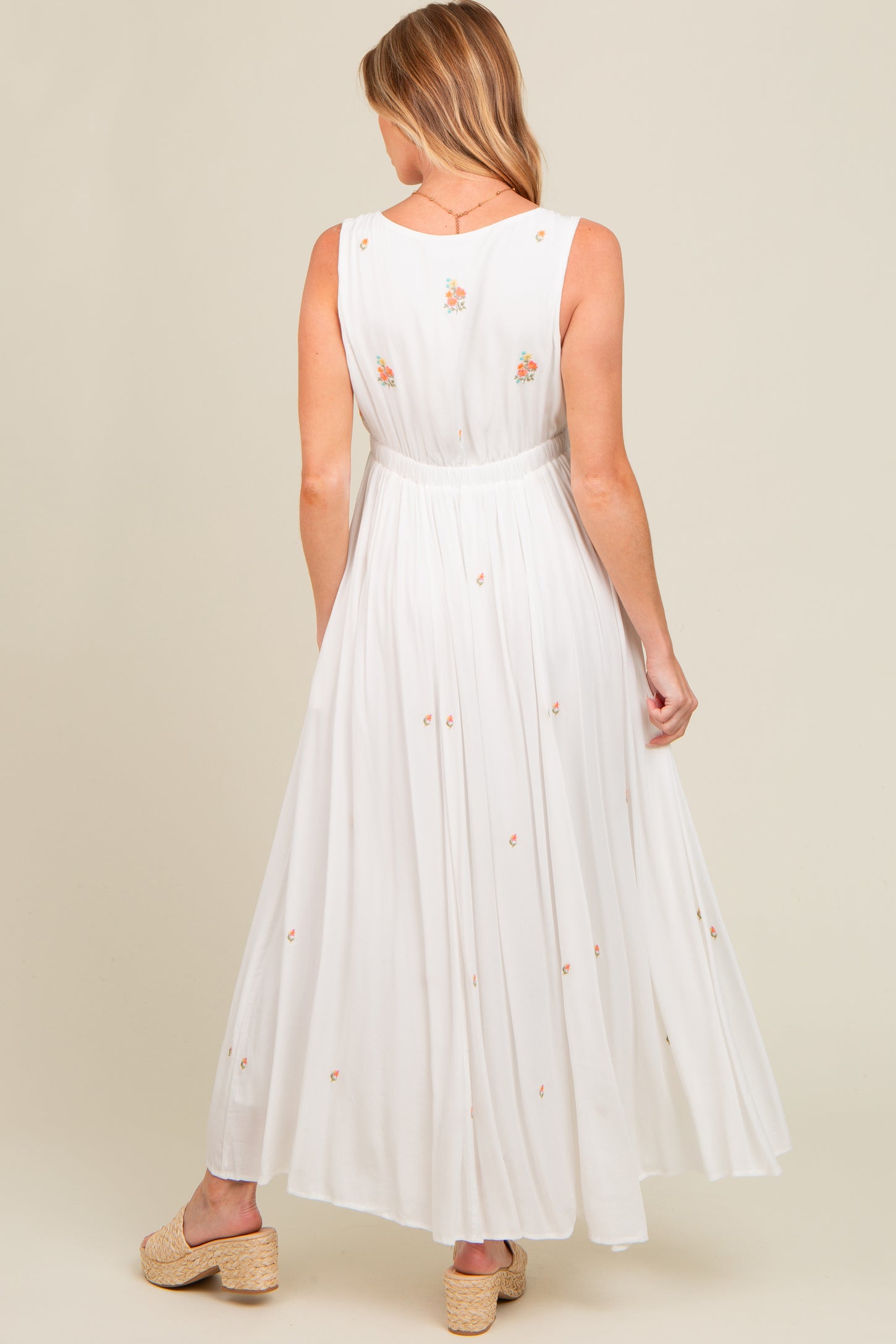 White Floral Embroidered Sleeveless Maternity Maxi Dress PinkBlush White Floral Embroidered Sleeveless Maternity Maxi Dress PinkBlush