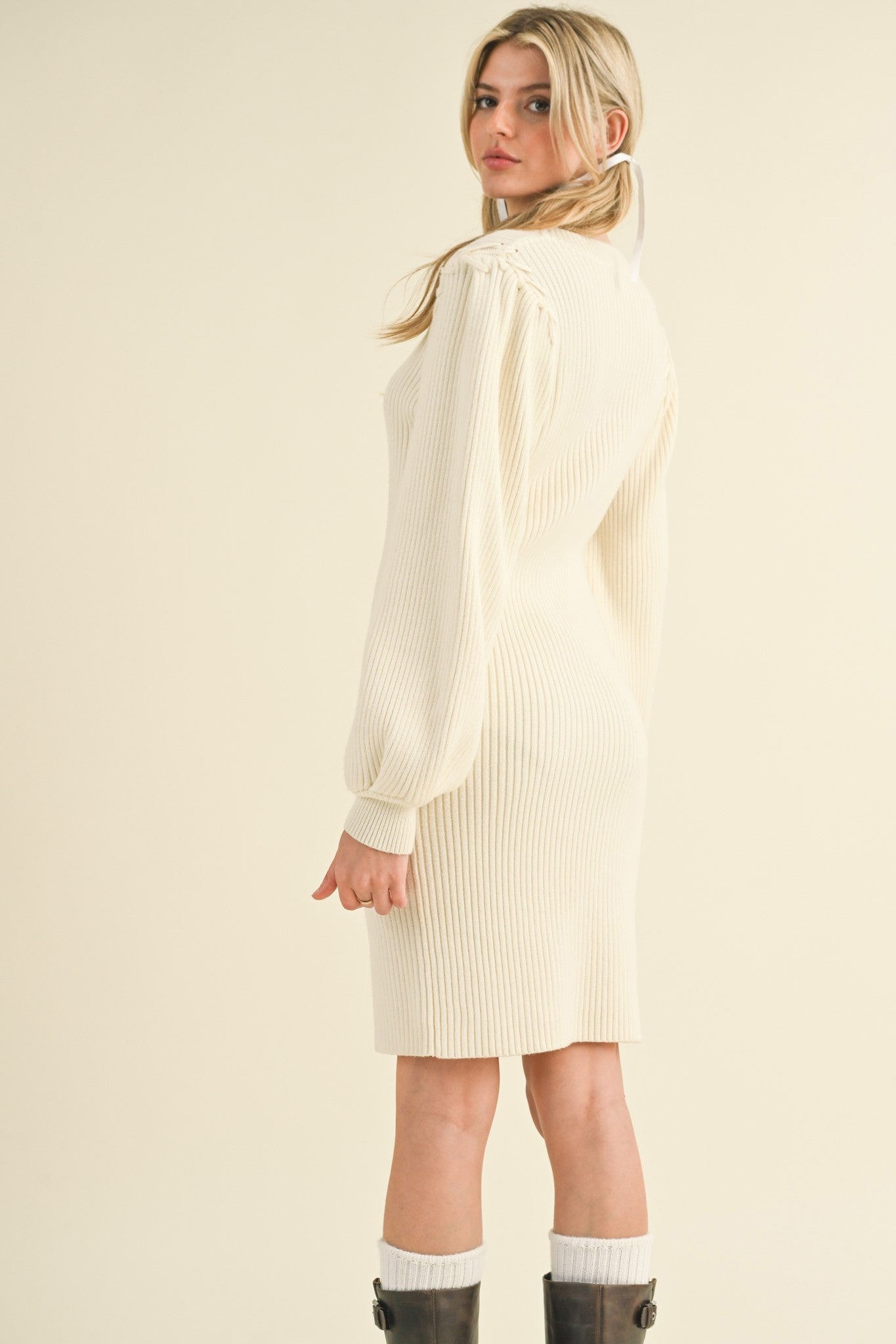 Ivory Bubble Sleeve Sweater Dress