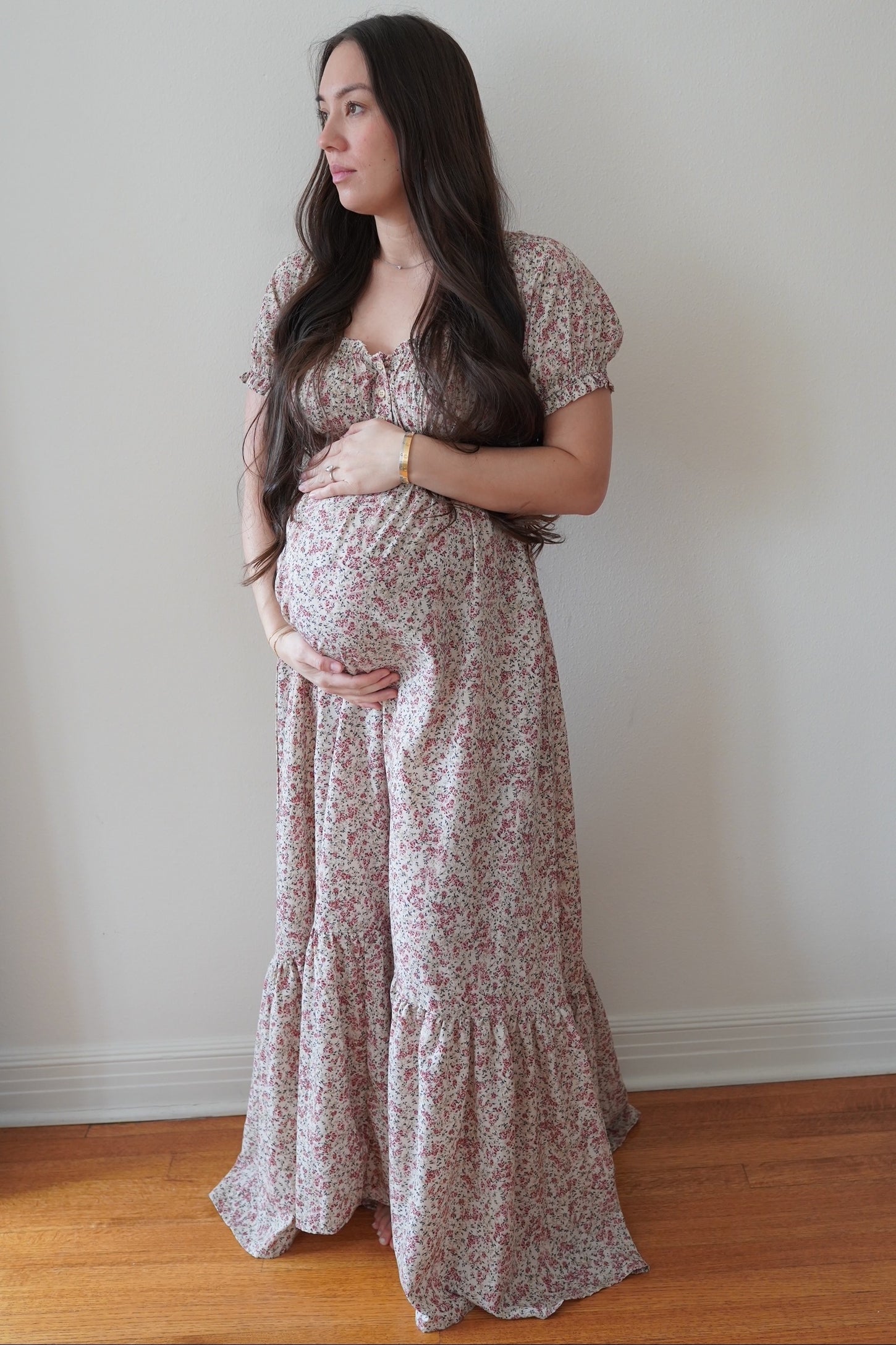 Cream Floral Button Accent Maternity Maxi Dress
