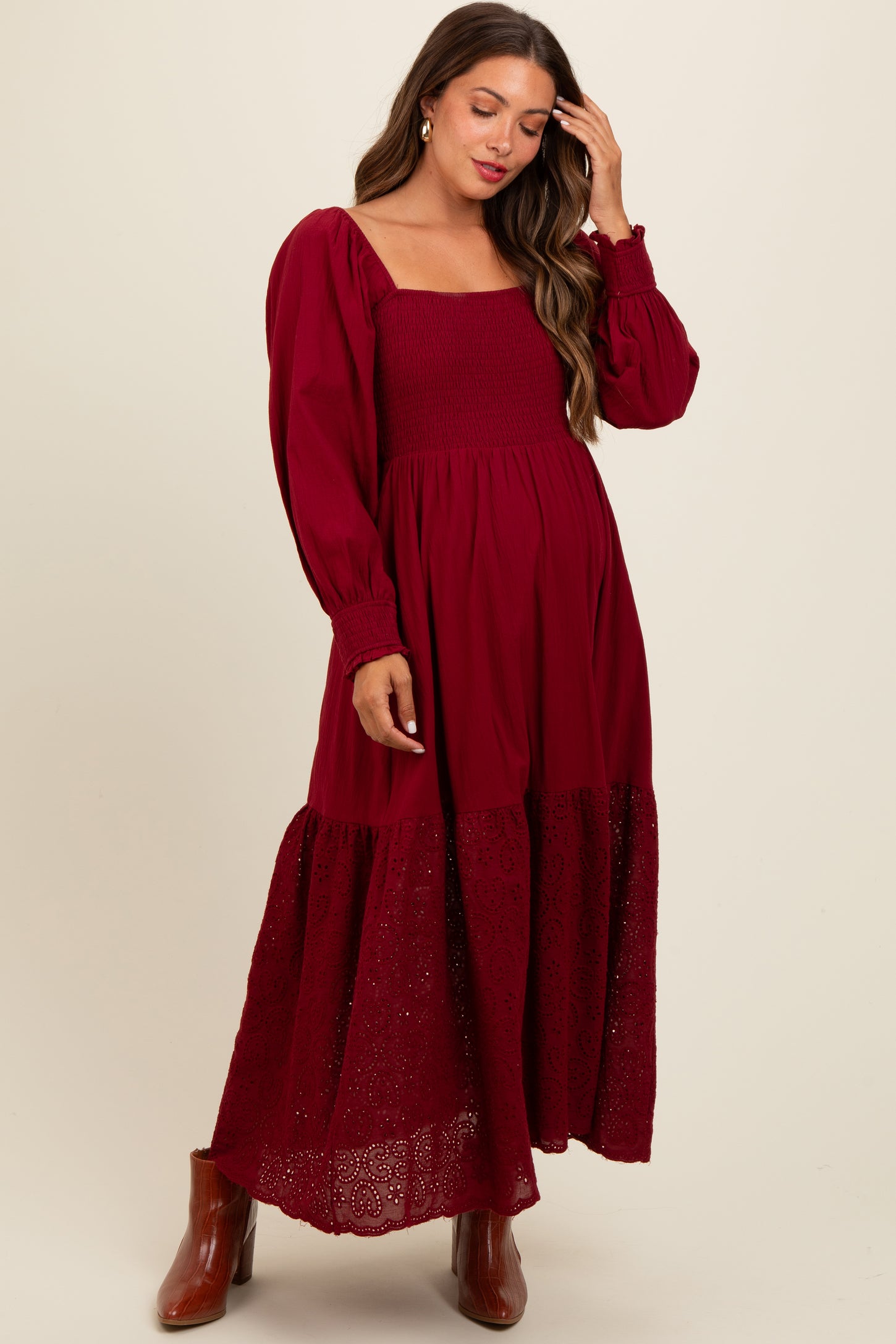 Burgundy Smocked Eyelet Lace Hem Maternity Maxi Dress – PinkBlush