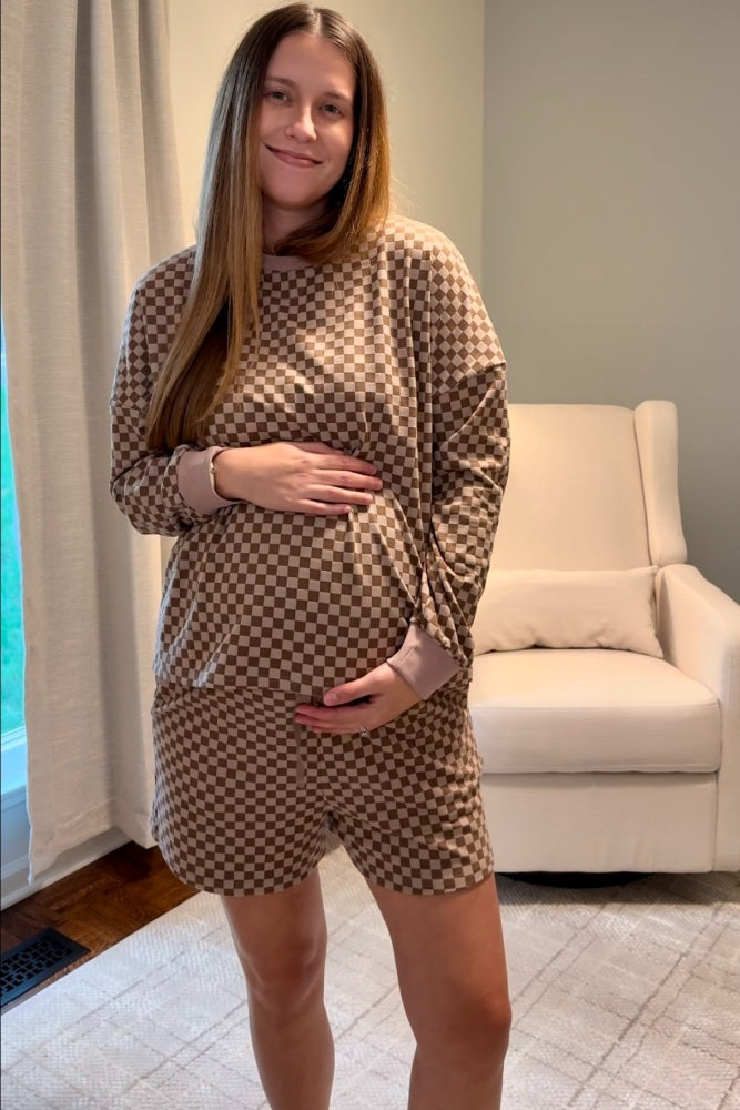Mocha Checkered Plaid Pullover Shorts Maternity Set