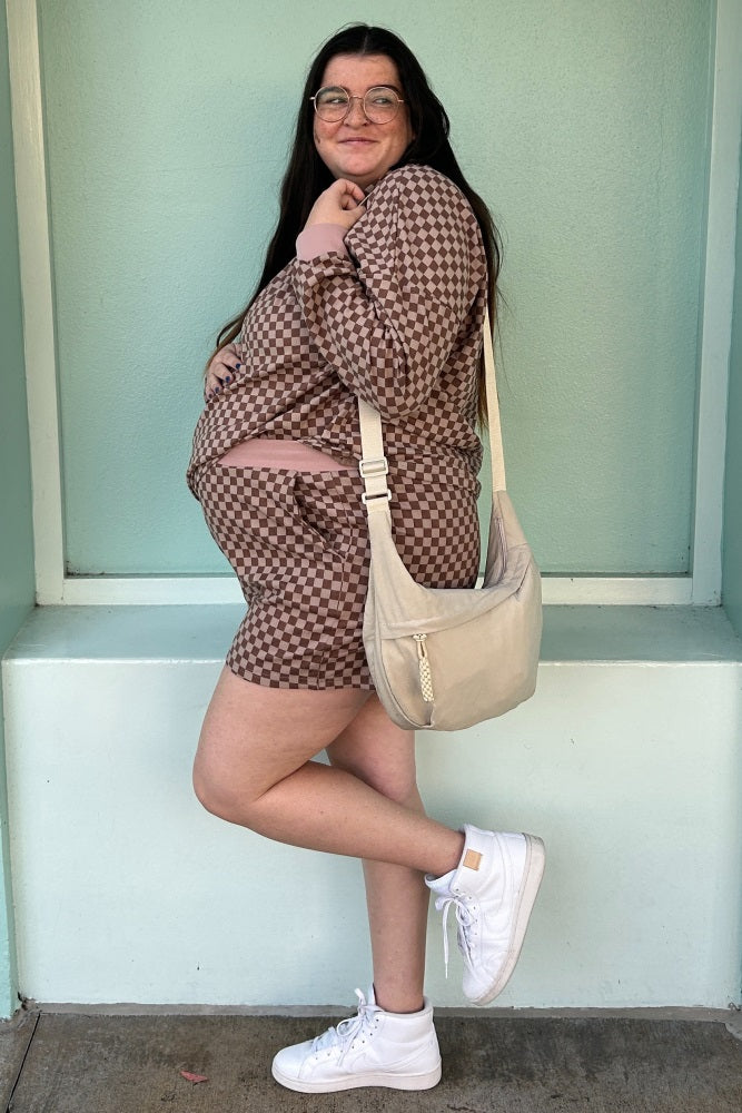 Mocha Checkered Plaid Pullover Shorts Maternity Set