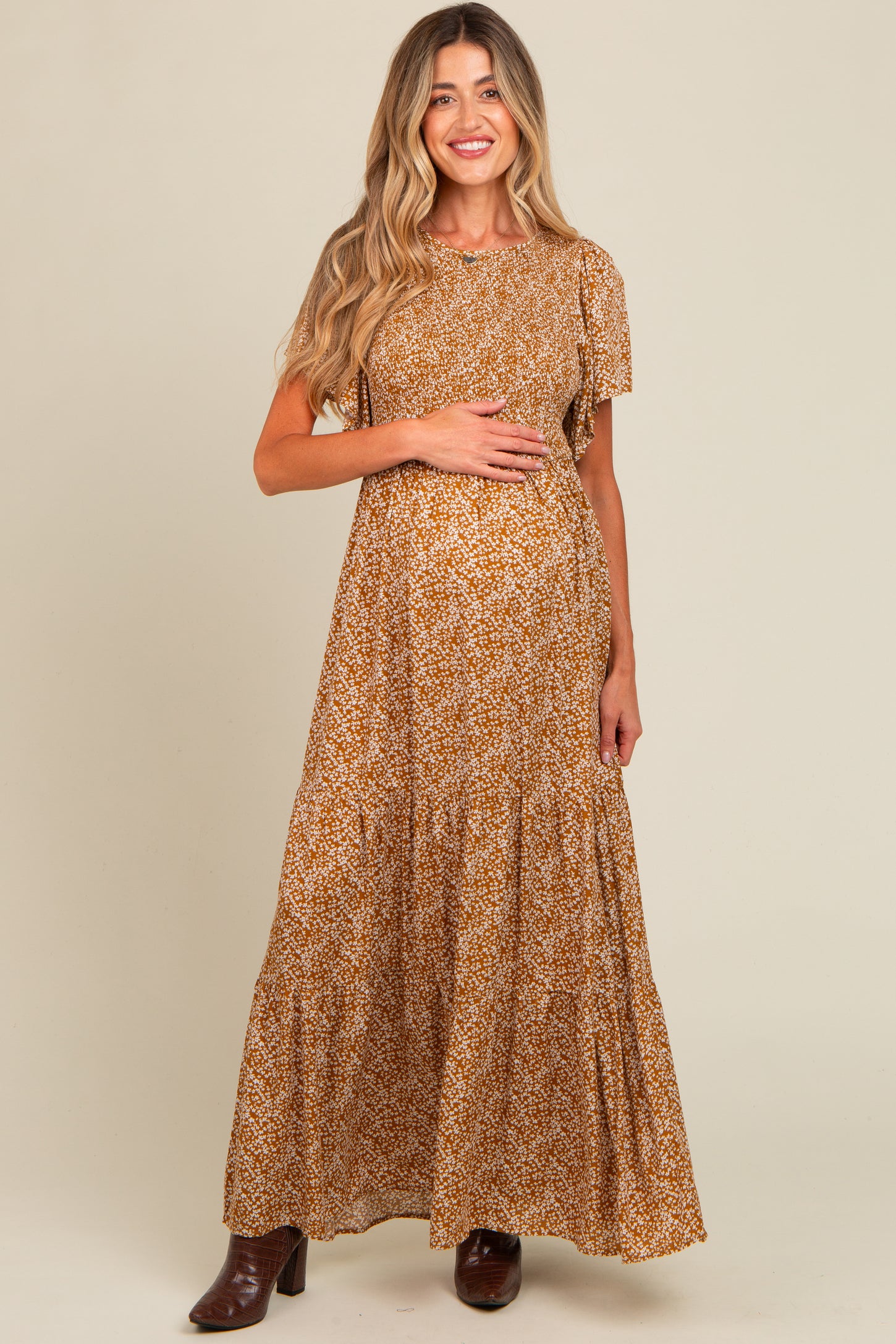 Camel Floral Smocked Flutter Sleeve Maternity Maxi Dress
