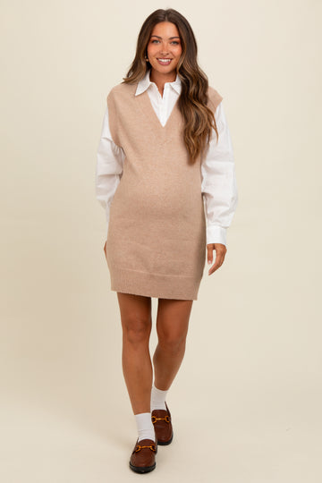 Beige Layered Sweater Shirt Maternity Mini Dress
