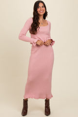 Pink Ruffle Hem Knit Top And Midi Skirt Maternity Set