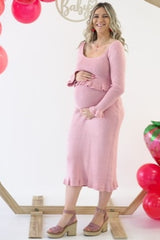 Pink Ruffle Hem Knit Top And Midi Skirt Maternity Set