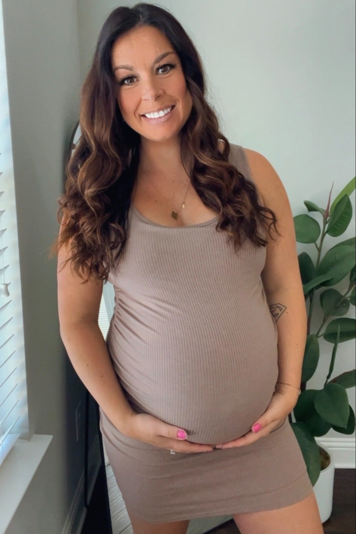 Brown Ribbed Ruched Sleeveless Maternity Dress