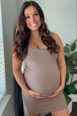 Brown Ribbed Ruched Sleeveless Maternity Dress