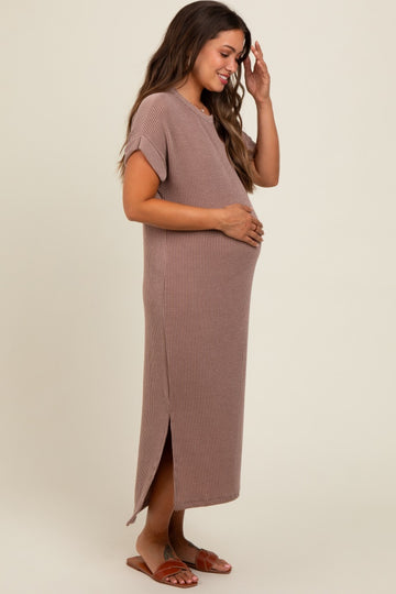 Taupe Ribbed Short Sleeve Maternity Midi Dress