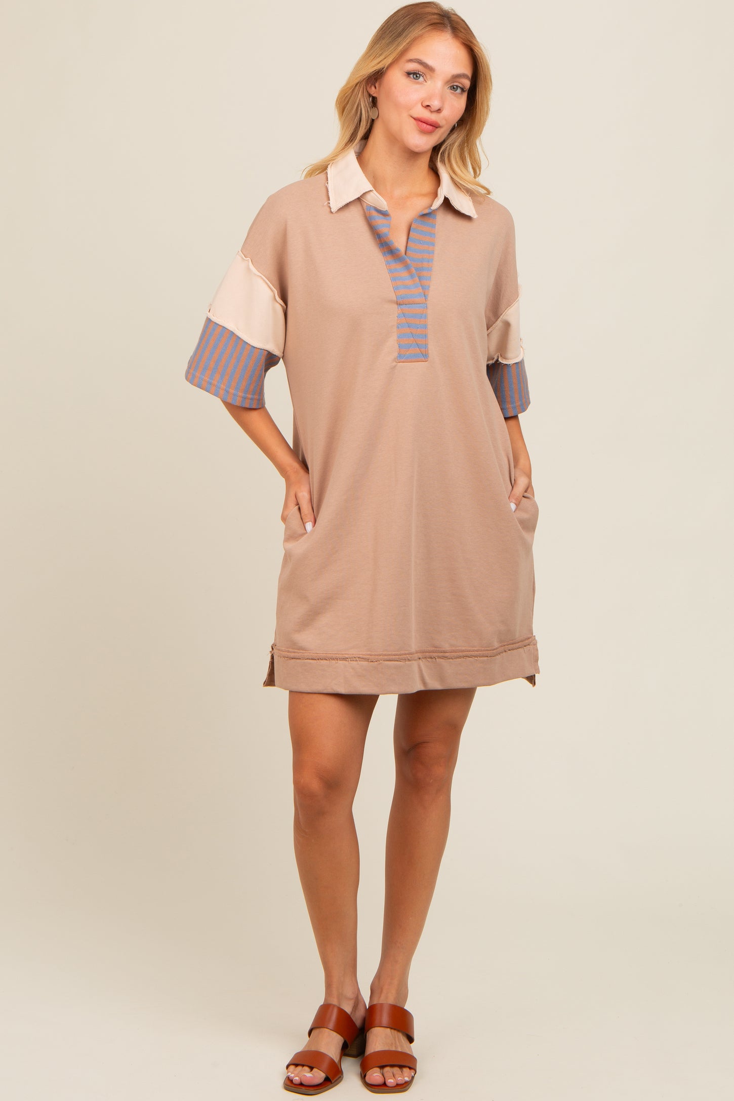 Mocha Striped Color Block Collared Terry Dress