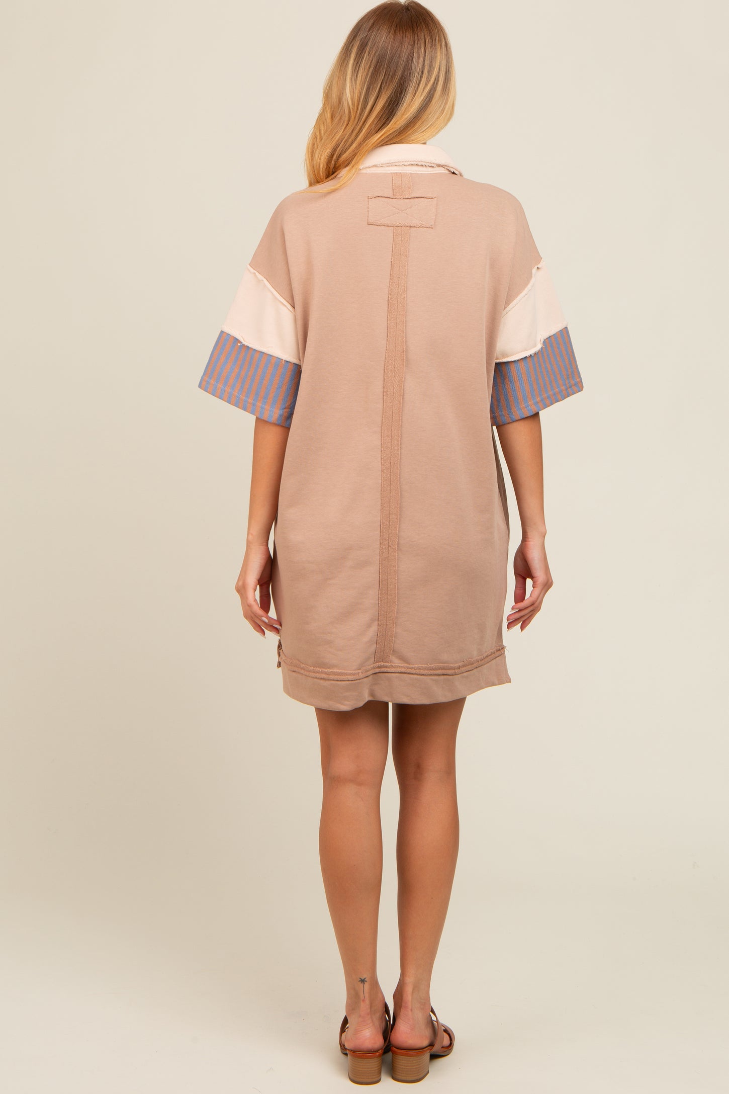 Mocha Striped Color Block Collared Terry Dress