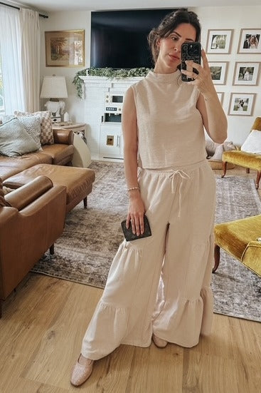 Sand Texture Knit Mock Neck Crop Top And Pants Set