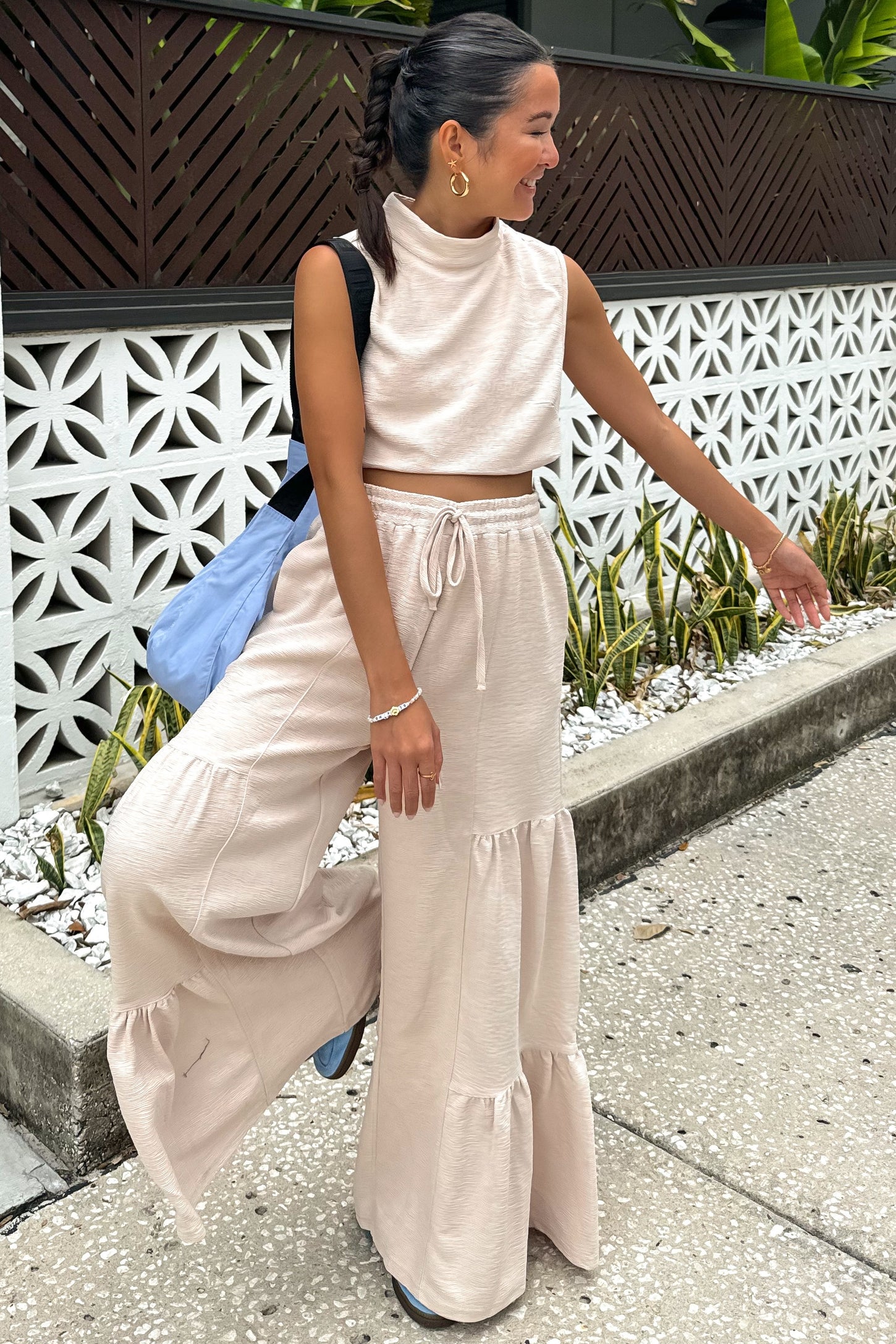 Sand Texture Knit Mock Neck Crop Top And Pants Set